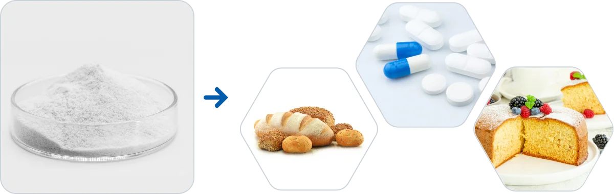 粉状製品の使用例：食品の酸化防止剤、乳化剤