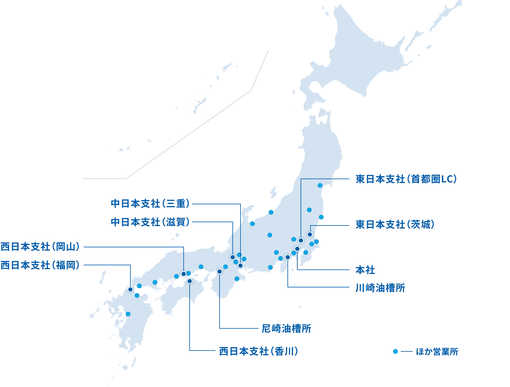 日本全国の拠点マップ。東日本、中日本、西日本の各エリアに拠点があります。